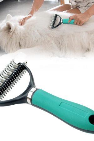 Double-sided undercoat rake with durable dematting tool, easy-grip design for long-haired cats and home use.