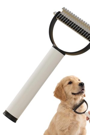 Double-sided dematting comb with undercoat rake function, safe for removing tangles and mats, ergonomic design for long thick coats.