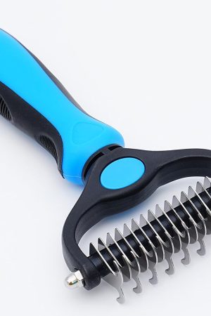 Double-sided grooming rake gently removes up to 95 of loose undercoat and mats for long-haired pets, painless shedding control tool.