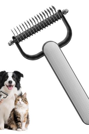 Double-sided dematting comb for thick double-coated pets, undercoat rake for tangles and matted fur.