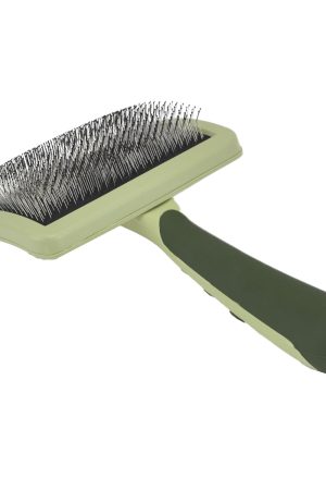 Curved firm slicker brush for detangling all hair types, professional grooming tool.