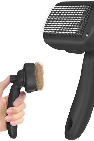 Self-cleaning deshedding brush with skin-friendly bristles, suitable for dogs, cats, and puppies of all coat types.