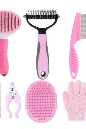 7-piece grooming kit with self-cleaning brush, nail clipper, flea comb, and shampoo brush for complete pet care.