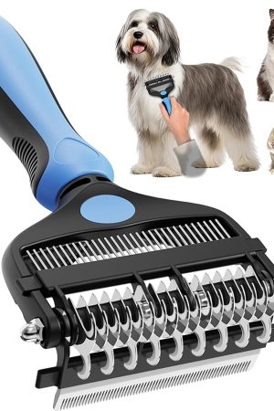 3-in-1 professional grooming brush combines dematting comb, undercoat rake, and deshedding tool for all coat types.