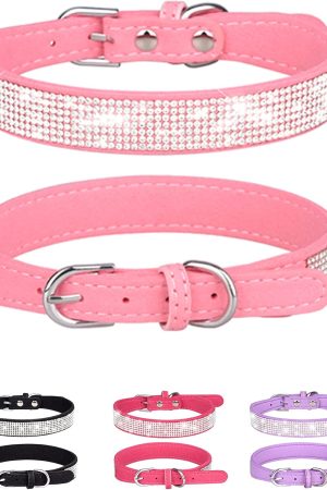 Adjustable Suede Leather Dog Collar with Rhinestones