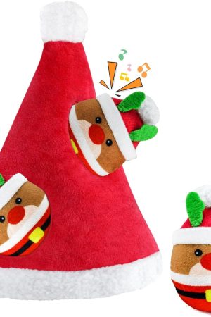 4-Pack Christmas Hide and Seek Plush Squeaky Toys with Hat Design for Small to Medium Dogs