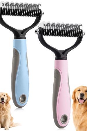 Double-sided undercoat rake and deshedding tool for long-haired pets, removes tangles and loose fur.