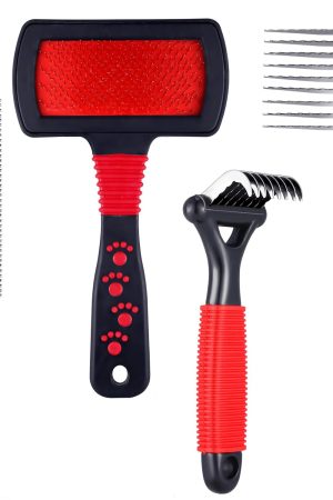 4-piece grooming kit includes dematting combs, slicker brush, and steel comb for dogs and cats.