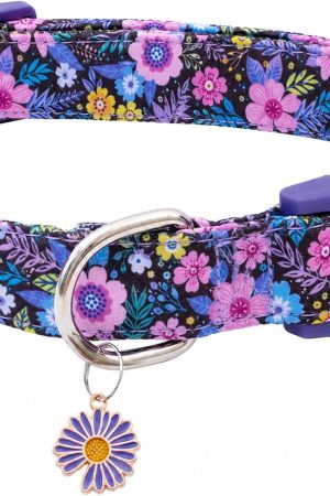 Cotton Dog Collar, Purple Floral Pattern