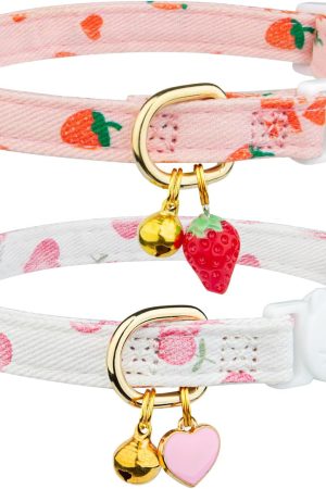 Cotton Cat Collars, Strawberry Heart Print, Breakaway, with Bell Pendants