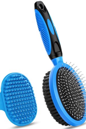 2-piece grooming set includes double-sided brush for shedding and bathing, suitable for dogs, cats, and horses.