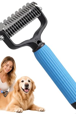 Double-sided deshedding and detangling brush for medium or long-haired breeds, removes mats and loose fur effectively.