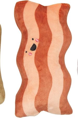 3-Piece Breakfast Plush Squeaky Dog Toy Set (Toast, Bacon & Egg), Fun Chew Toys