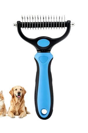 Dematting comb and undercoat rake for long-haired dogs and cats, removes tangles, knots, and loose fur from thick coats.