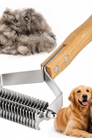 Deshedding brush and undercoat rake with bamboo handle, grooming tool for long-haired pets and thick coats.