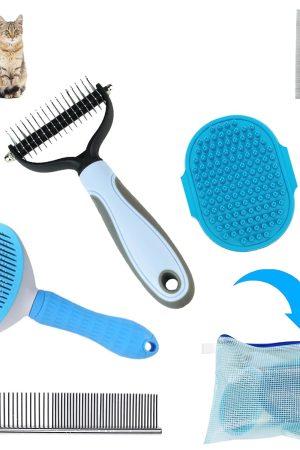 5-piece grooming kit with shedding brush, puppy brush, flea comb, slicker brush, for home or travel.