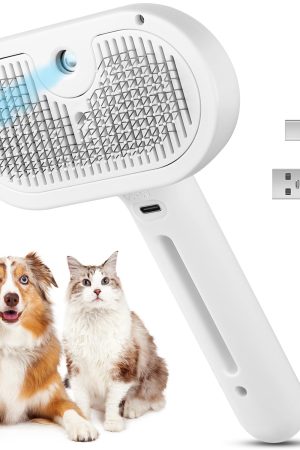 Self-cleaning steam brush with anti-static mist spray, reduces flying hair, suitable for long and short-haired pets.