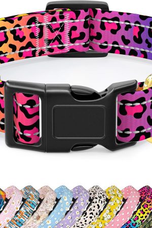 Reflective Dog Collar, Neon Leopard Print, Breathable Nylon