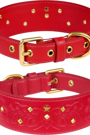Red Microfiber Leather Dog Collar, Embossed Design